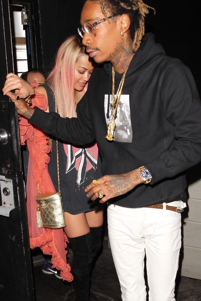 West Hollywood, CA - Rita Ora and Wiz Khalifa hang out for the second night in a row at The Nice Guy in West Hollywood. The famous duo was also seen enjoying each other's company last night at the Teen Choice Awards. Rita and Wiz kept a low-profile as they left through The Nice Guy's private exit. The British pop star looked rocker girl chic in a distressed Dead Kennedy's t-shirt over a pair of cut-off jean shorts and knee high black boots. AKM-GSI           August 17, 2015 To License These Photos, Please Contact :    Steve Ginsburg  (310) 505-8447  (323) 423-9397  steve@akmgsi.com  sales@akmgsi.com    or    Maria Buda  (917) 242-1505  mbuda@akmgsi.com  ginsburgspalyinc@gmail.com