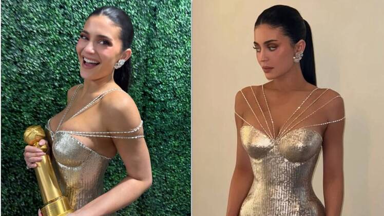 Kylie Jenner Gets Laced into Low-Cut, Figure-Hugging Metallic Golden Globes  Gown